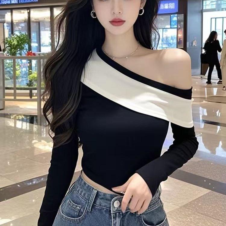 Elegant One-Shoulder Long-Sleeve Patchwork Top for Women – Autumn/Winter Slim-Fit T-Shirt Small чёрный