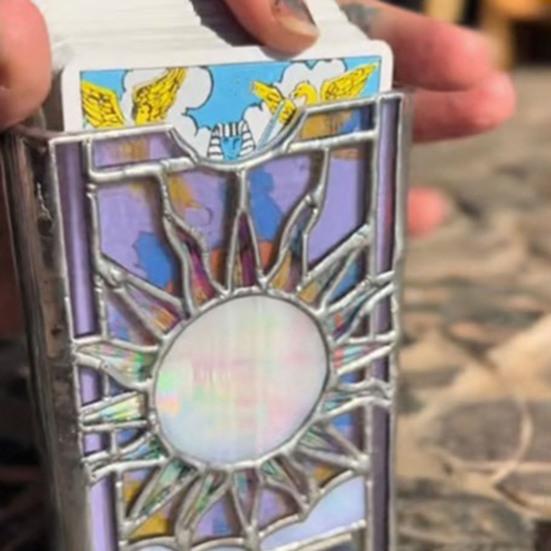 Stained Glass Tarot Deck Case Mystical Sun And Moon Tarot Card Holder Handcrafted Tarot Storage Protector for Standard Size Playing Cards