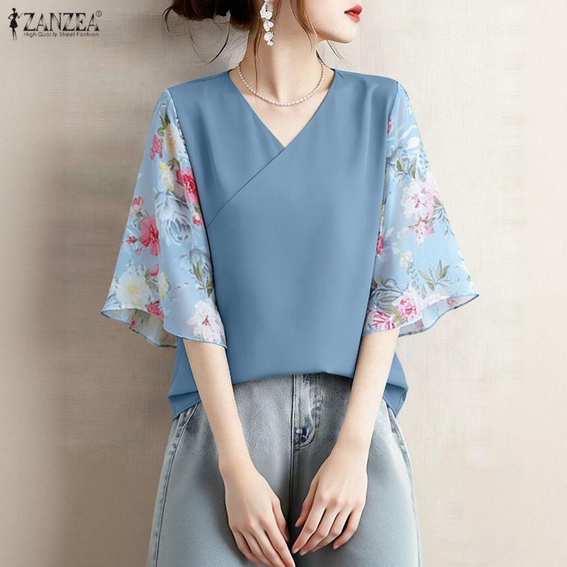ZANZEA Damen Lässige V-Ausschnitt Print Patchwork 3/4 Ärmel Lockere Bluse