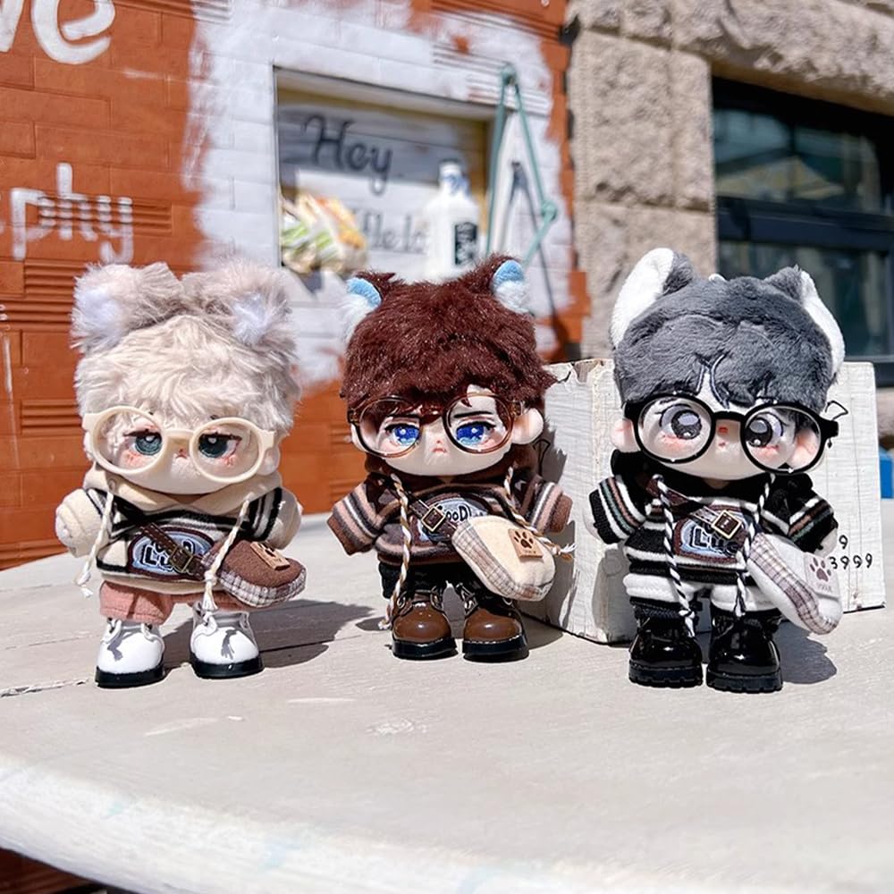 Niannyyhouse 10cm, 15cm, 20cm Plush Doll Clothes: Hoodie, Pants, Glasses, Backpack, Leather Shoes, Striped Suit, Cotton Doll Dress-Up (Beige-15cm)