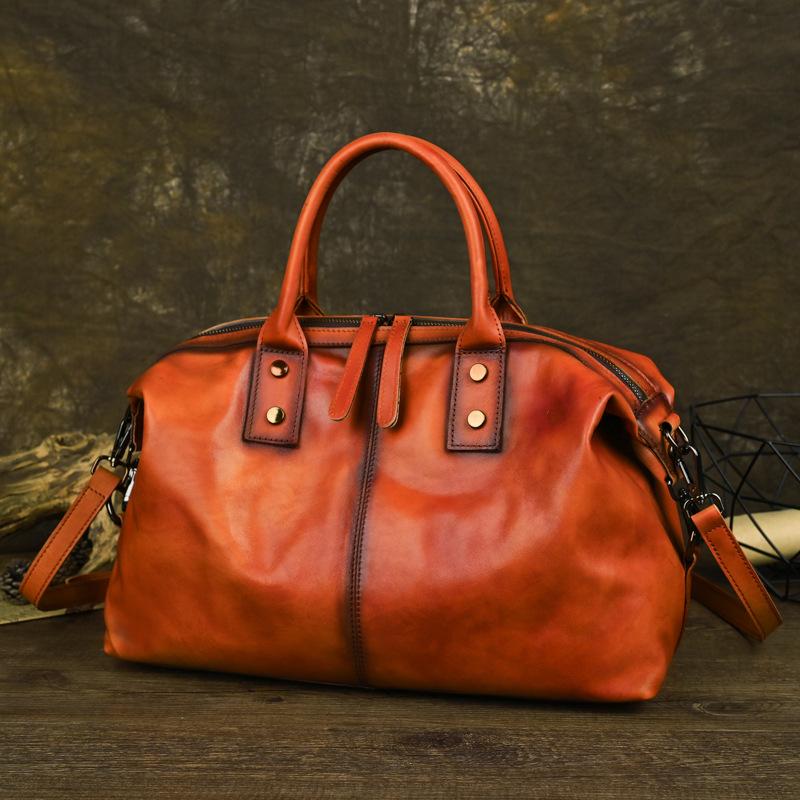 Johnature Echtes Leder Handtasche Retro Volltonfarbe Große Kapazität Damen Tasche Vielseitige Schulter Umhängetaschen