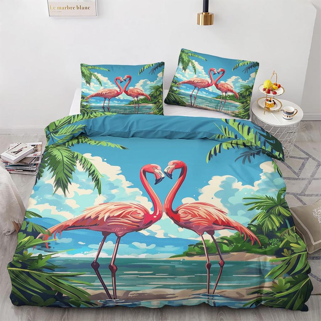 Flamingo Deko Bedding set, Flamingo Duvet Cover set 2pcs with 1 Pillowcase 75x50cm, Soft Microfiber Winter Bedding with Zipper
