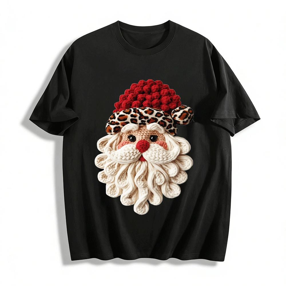 

Leopard Print Red Hat Crochet Santa Claus Graphic Casual Top Pure cotton T-shirt XXS