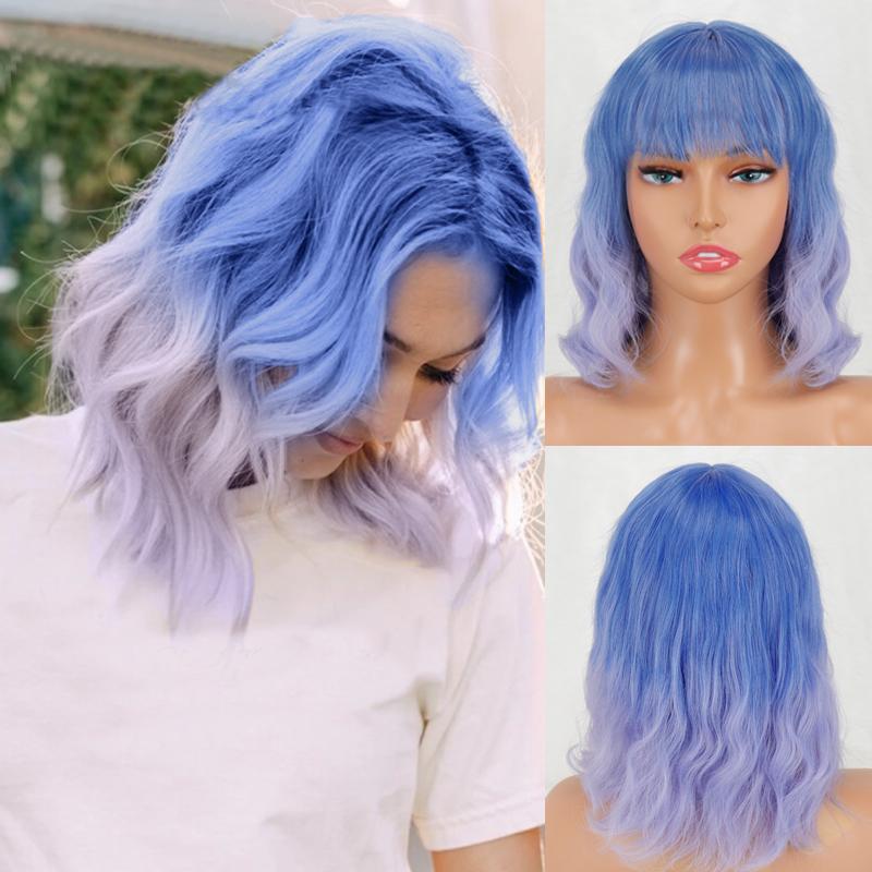 MERISIHAIR Women Short Bob Natural Wavy Pink Wig with Bangs Synthetic Fiber Short Water Wave Wig Daily Wear Cosplay