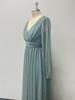 European Style Shiny Pleated Long Sleeve V-Neck A-Line Evening Gown