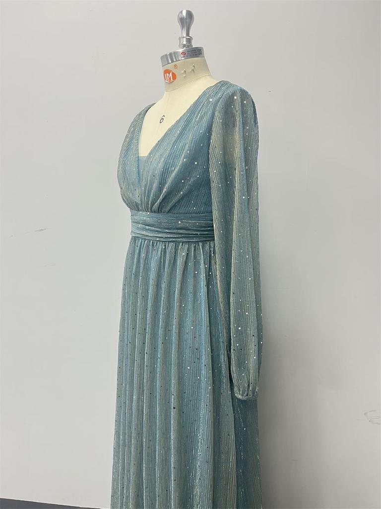 European Style Shiny Pleated Long Sleeve V-Neck A-Line Evening Gown