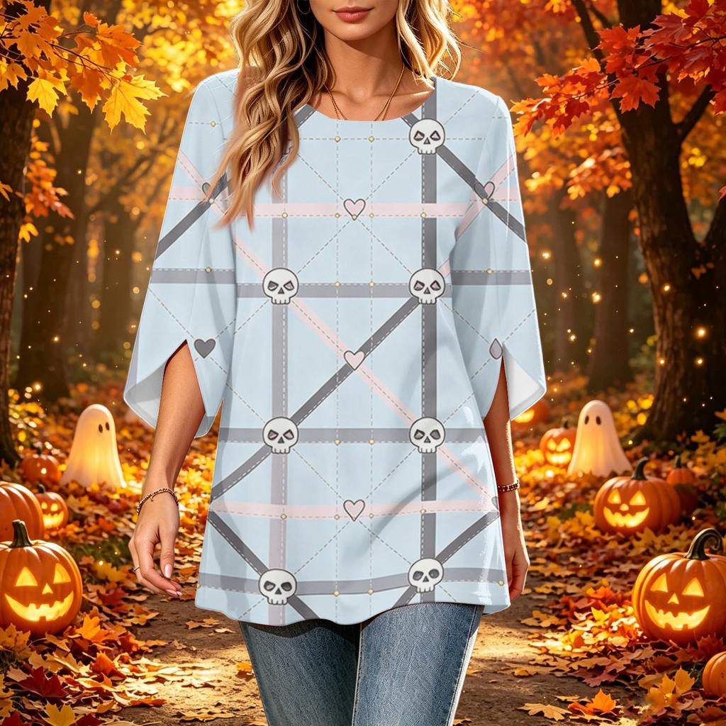 Women's Halloween Printed Casual Loose Fit Top with Round Neck and Three-Quarter Sleeves