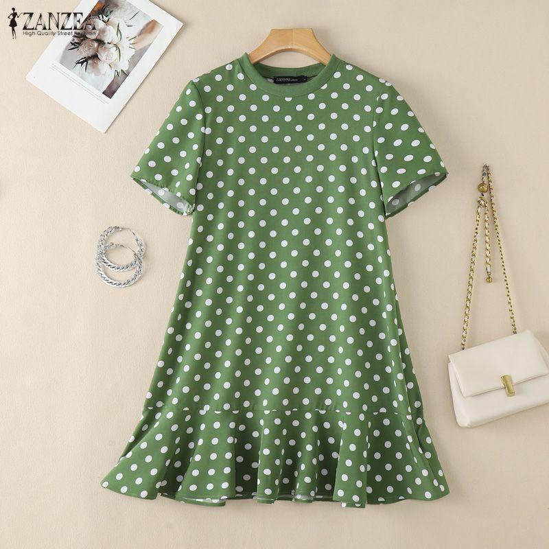 ZANZEA Women Casual Round Neck Short Sleeve Summer Polka Dot Print Dress