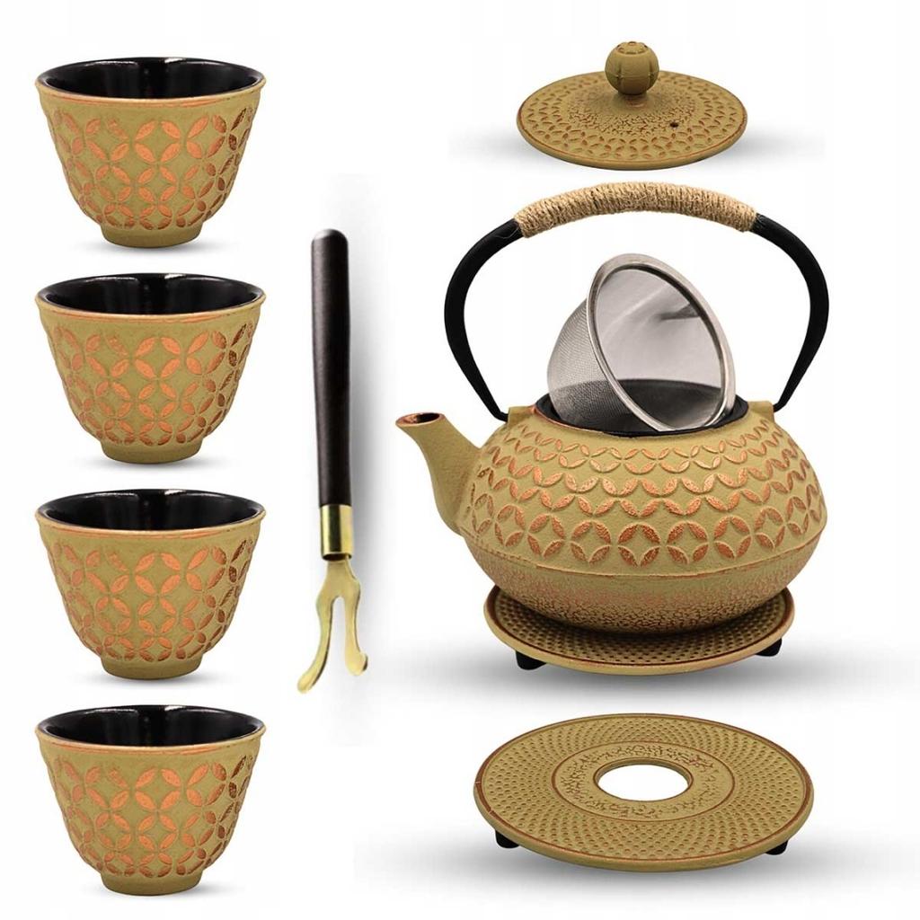 CAST IRON TEA INFUSER POT LIGHT GOLD 900ml WITH FILTER AND CUPS