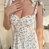 Summer French floral suspender dress, lace-up waist slim split A-shaped skirt medium and long vacation skirt