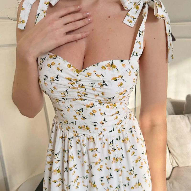 Summer French floral suspender dress, lace-up waist slim split A-shaped skirt medium and long vacation skirt