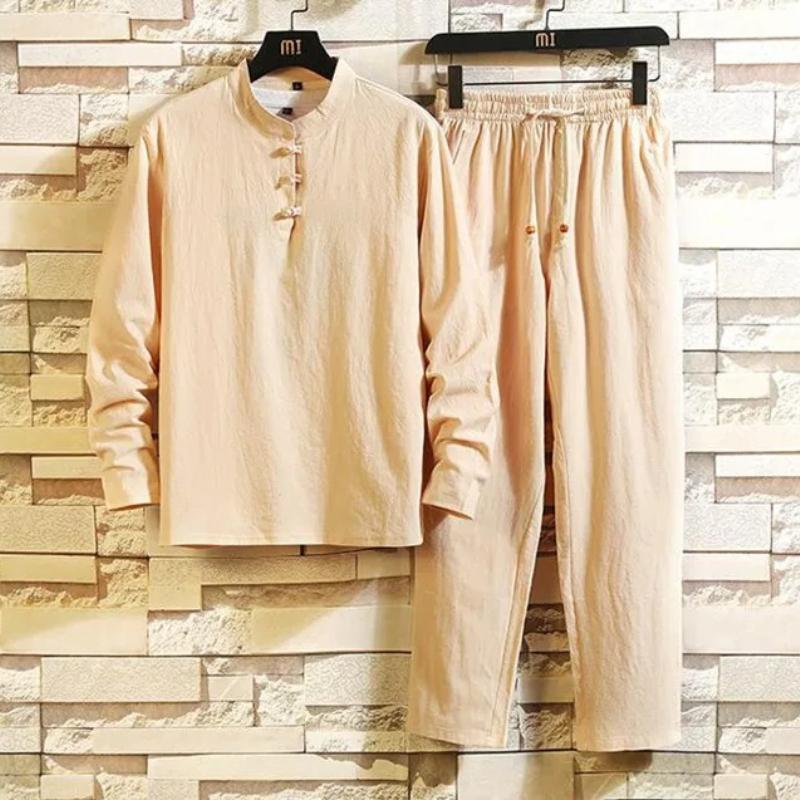 

Men s Linen Suit Spring Autumn Long Sleeve Trousers Loose Fit Cotton Linen Set for Middle-aged and Elderly Fathers XS хаки