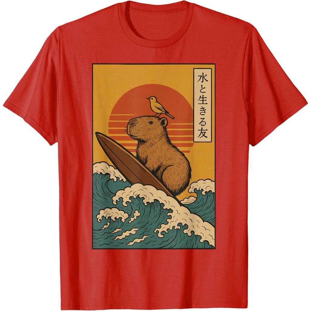 Capybara Surfing Japanese Ukiyo Style Graphic Cotton T-Shirt Casual Unisex's Tee
