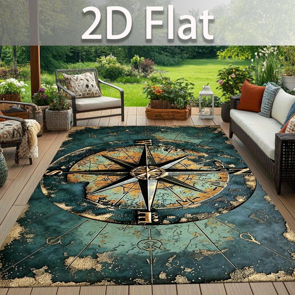 1pc 2D Flat Vintage Nautical Compass Pattern Rectangular Non‑Slip Area Rug, Indoor Home Rug for Living Room, Bedroom, Bedside