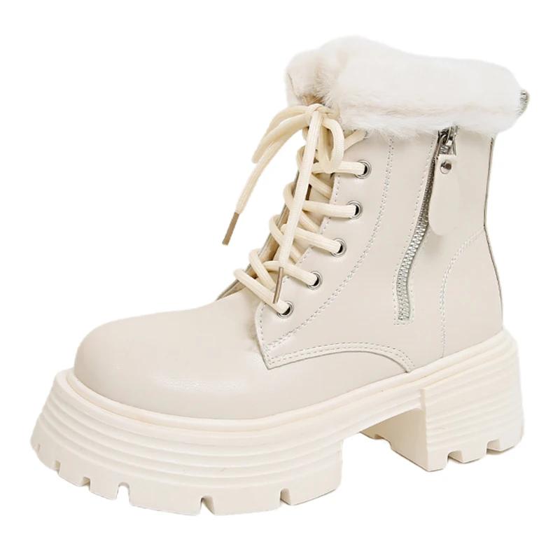 Thick Bottom Motorcycle Winter Boots Women Faux Fur Platform Plush Ankle Boots Woman Outdoor Non-Slip Warm Short Botas Mujer