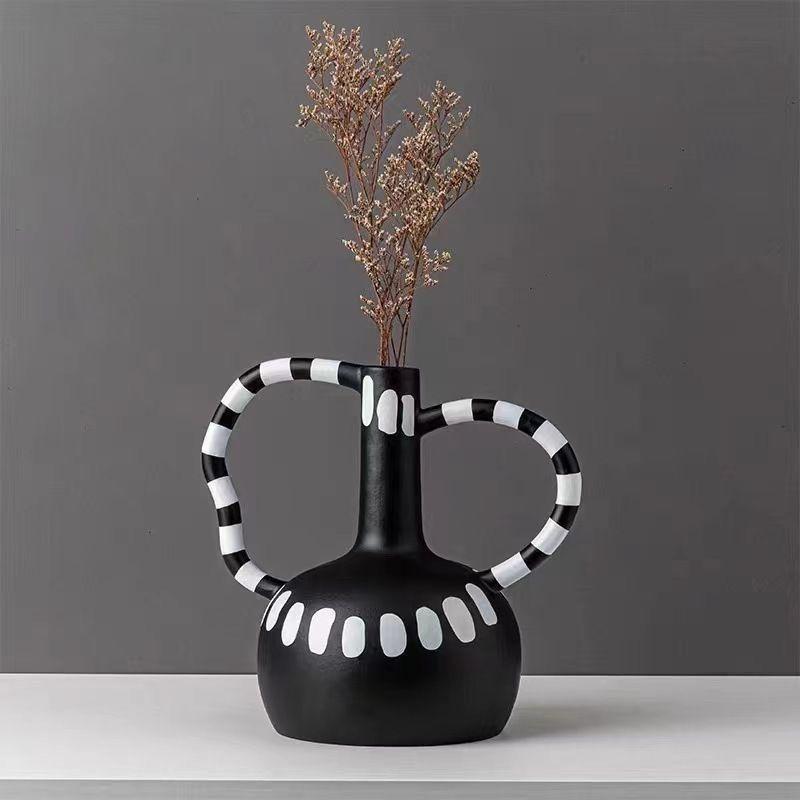 Elegant Black and White Striped Resin Vase for Home Decor