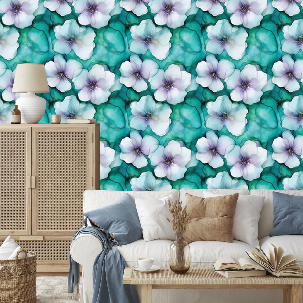 Wallpaper Ink Turquoise, Sea, Blue and White 50x1000