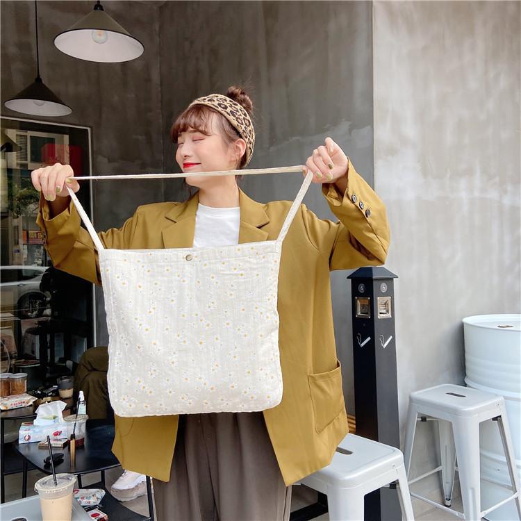 Chic Fresh Daisy Canvas Shoulder Bag For Women Soft And Sweet Cotton Linen Tote Bag