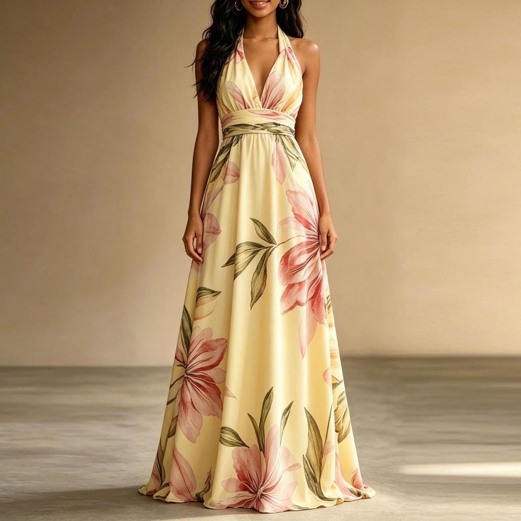 Women Neck Long Dress Backless Vacation Style Elegant Maxi Dress with Adjustable Tie and Floral Print for Summer Outings