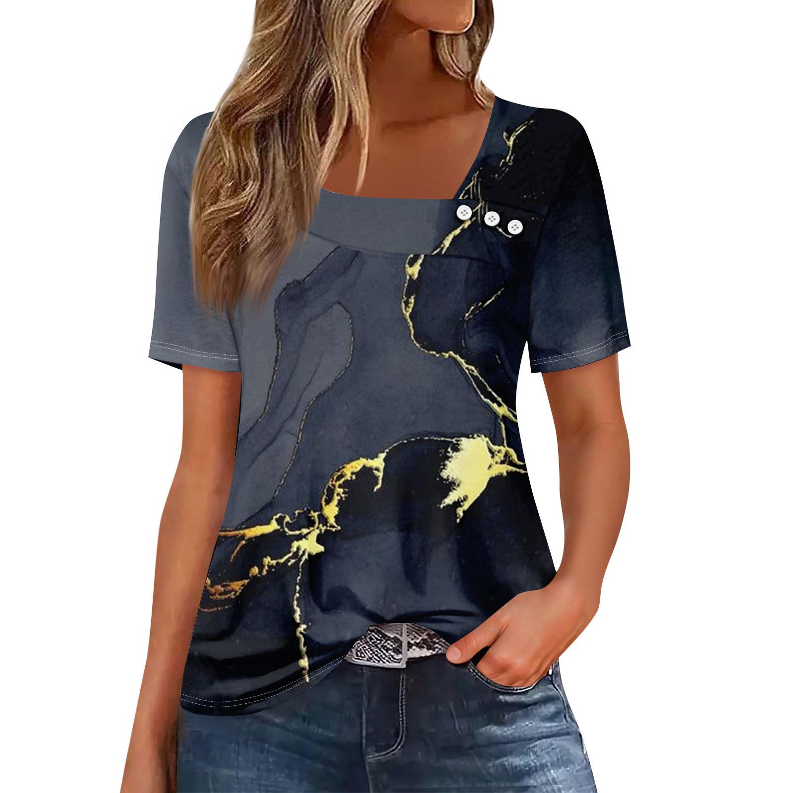 

Жіноча повсякденна футболка з асиметричним вирізом і короткими рукавами з принтом і декоративними ґудзиками XXXL Темно-синій