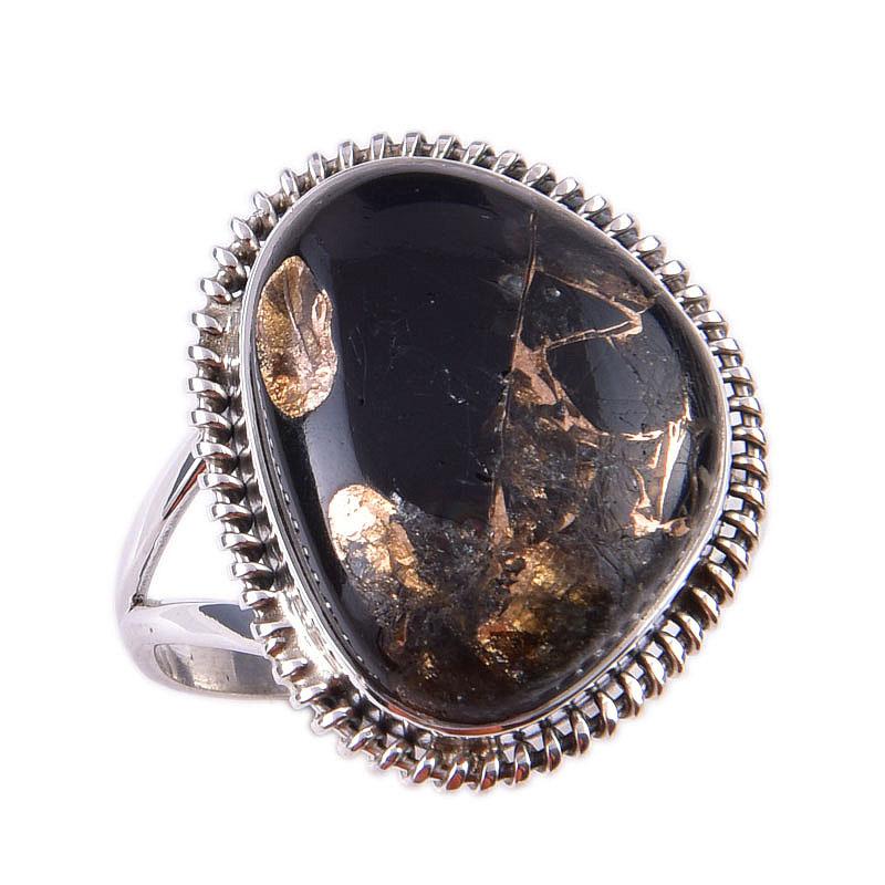 Natural Black Copper Turquoise Gemstone 925 Solid Sterling Silver Ring S.10 J5M34
