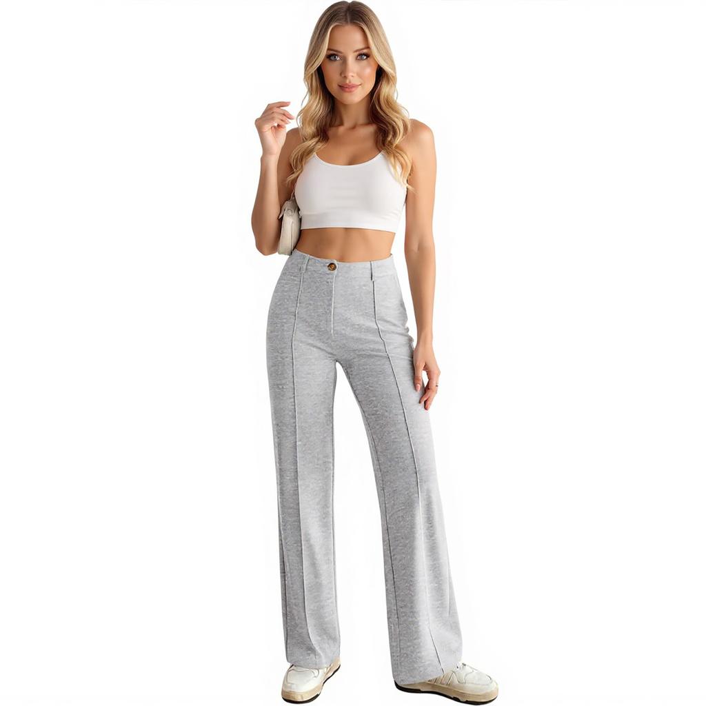 Straight Leg Pants Stretchy Button Business Casual Work Trousers Knit Elastic Waist Slacks