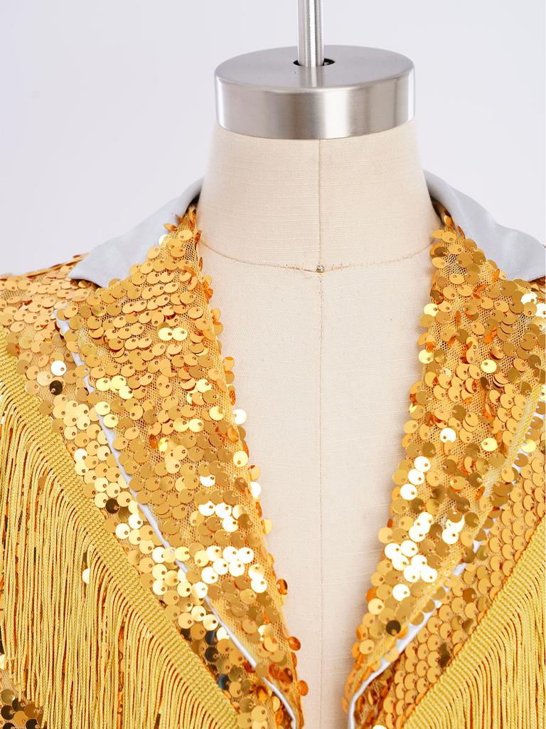 Gilet de Performance Scénique Danse Jazz pour Garçons à Franges Paillettes Scintillantes Revers de Couleur Contrastante Haut Sans Manches
