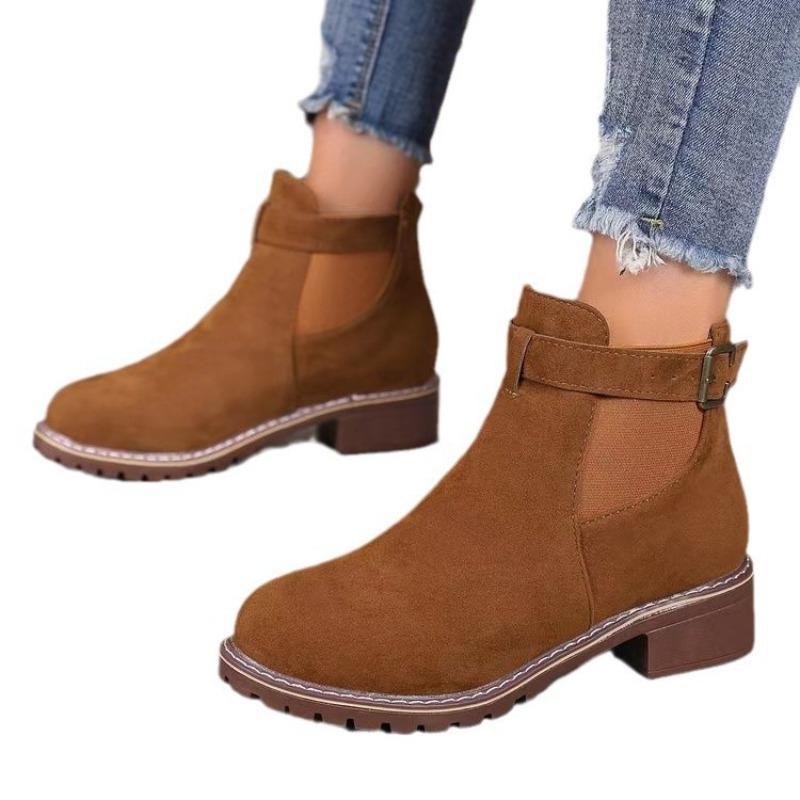 Autumn and Winter New European and American Cross-border Women's Martin Boots Elastic Belt Buckle Round Head Square Heel Medium Boots Women's Shoes