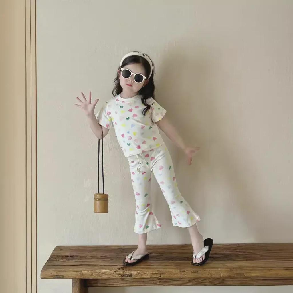 2025 Summer Colorful Love Knit Set: Girls' Baby Top & Flared Pants