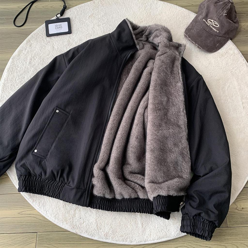 Men's Two-Sided Silver Blue Fox-Cotton Jacket with Fishbone Pattern - Thickened, Plus Velvet for Winter Warmth