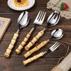 Long Handle Serving Spoon Fork Stainless Steel Gold Silver Bamboo Wooden Salad Spork Dessert Salad Spoon Tableware Set Kitchen