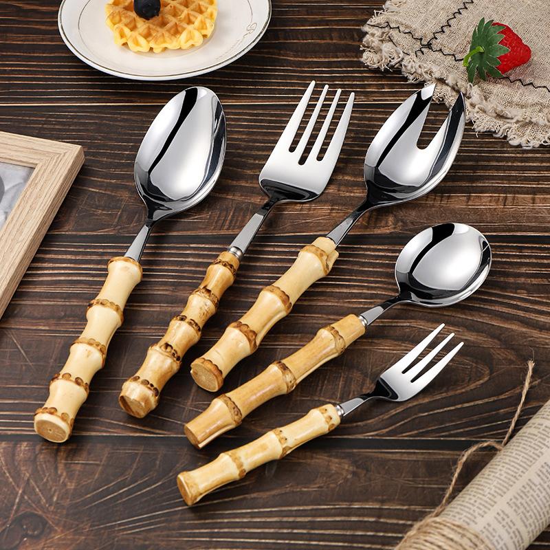 Long Handle Serving Spoon Fork Stainless Steel Gold Silver Bamboo Wooden Salad Spork Dessert Salad Spoon Tableware Set Kitchen