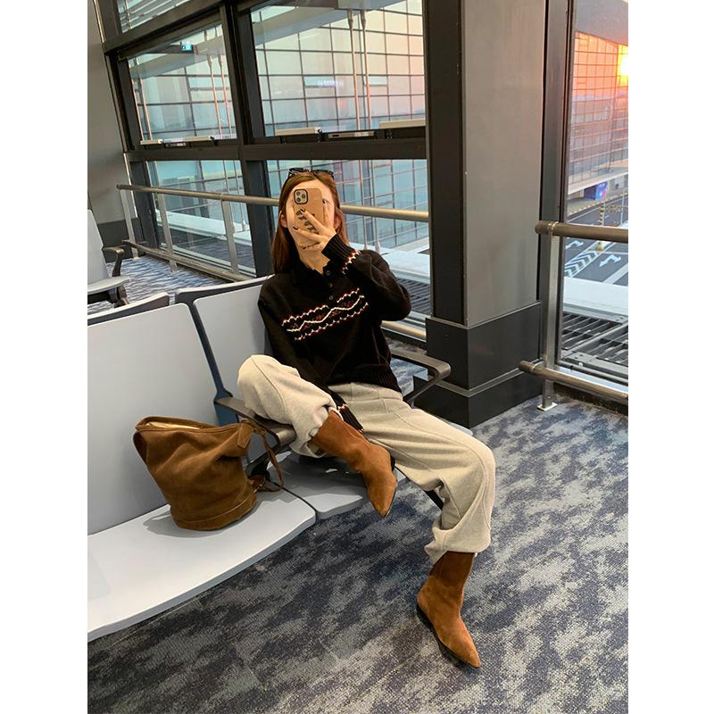 Sheepskin version large tube circumference suede pointed head medium boots low heel thick heel flat bottom retro fashionable Martin short boots