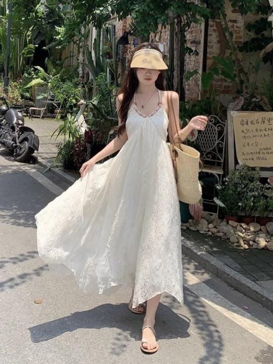 French backless neck sling dress women s summer 2026 new sweet temperament seaside vacation chiffon dress S