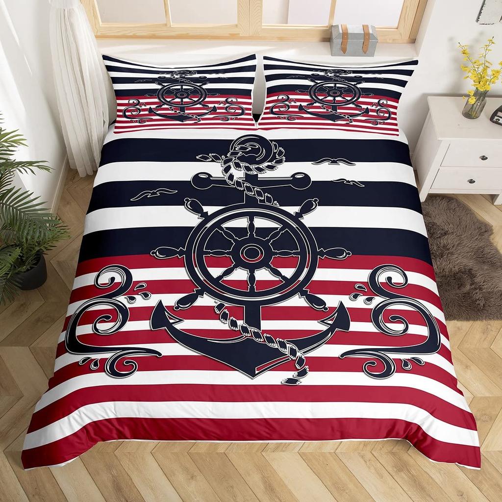 Vintage Anchor Duvet Cover Twin King, Nautical Theme Bedding Set Sailing Boat Sea Turtle Bed Cover, Compass Starfish Quilt Cover