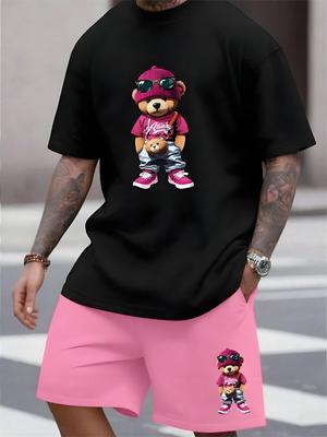 2024 New 3D Cartoon Bear Print Men's Set Summer Casual Everyday Men's Short-sleeved T-shirt Outdoor Street Fashion Beach Shorts