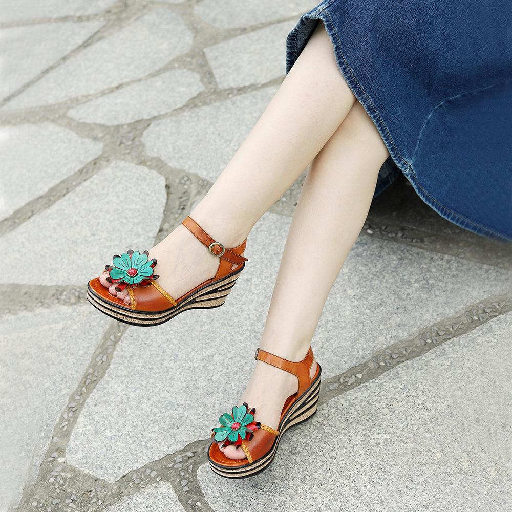 Blume Echtes Leder Handbemalte High Heel Sandalen Retro Vielseitige Damen Outdoor Hausschuhe