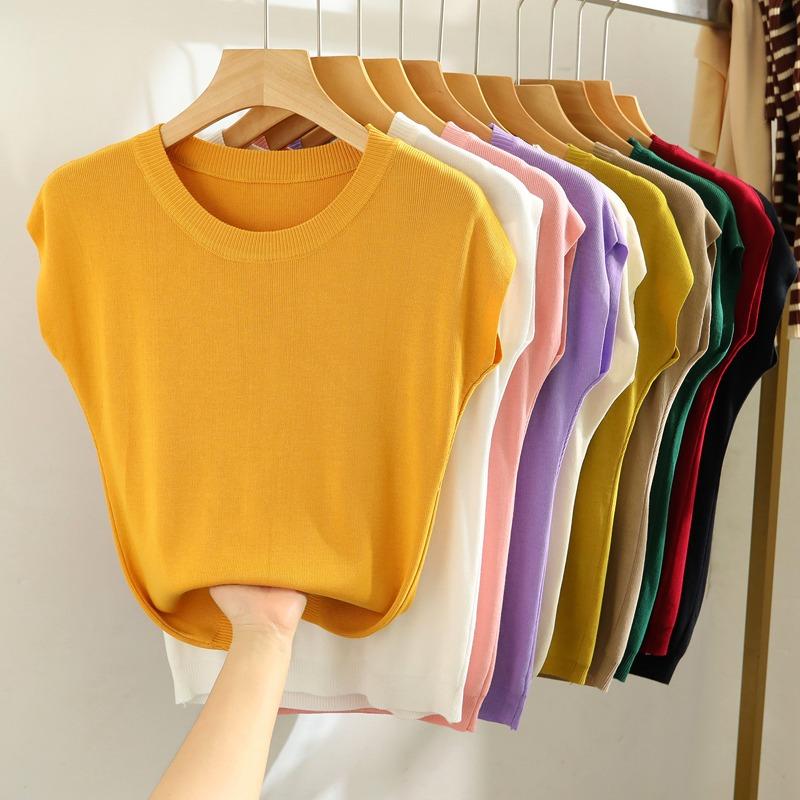 Summer Round Neck Knitted Casual Women's T-shirt Elegant Loose Ice Silk Thin Fit Solid Color Short Sleeve Tee Tops Ladies Simple Fashion T Shirt 3097