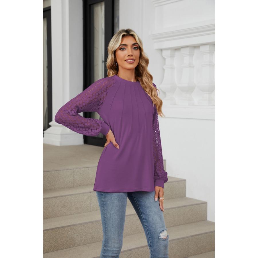Autumn Winter Lace Patchwork Sleeves T Shirts Fashion Elegant Long Sleeves Top Women’s Round Neck Plus Size Loose T-shirt