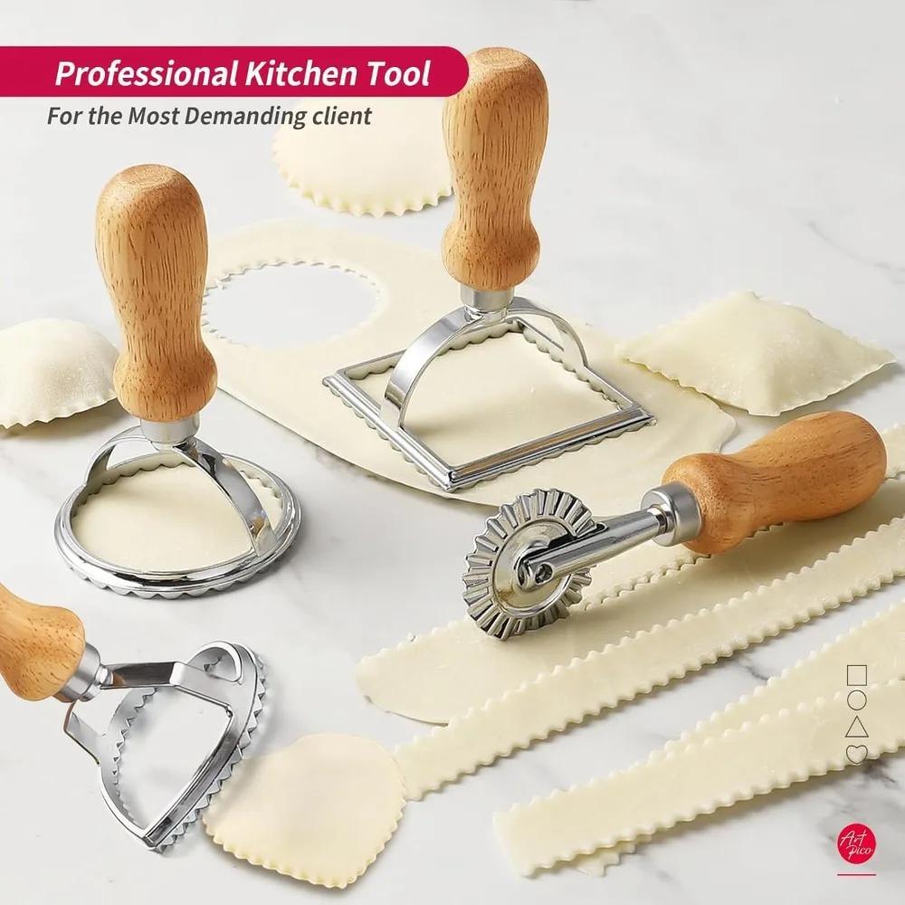 Ravioli Stempel Set, Ausstechformen mit Holzgriffen und geriffelten Kanten, geeignet für Ravioli, Pasta, Tortellini, Lasagne, Piroggen
