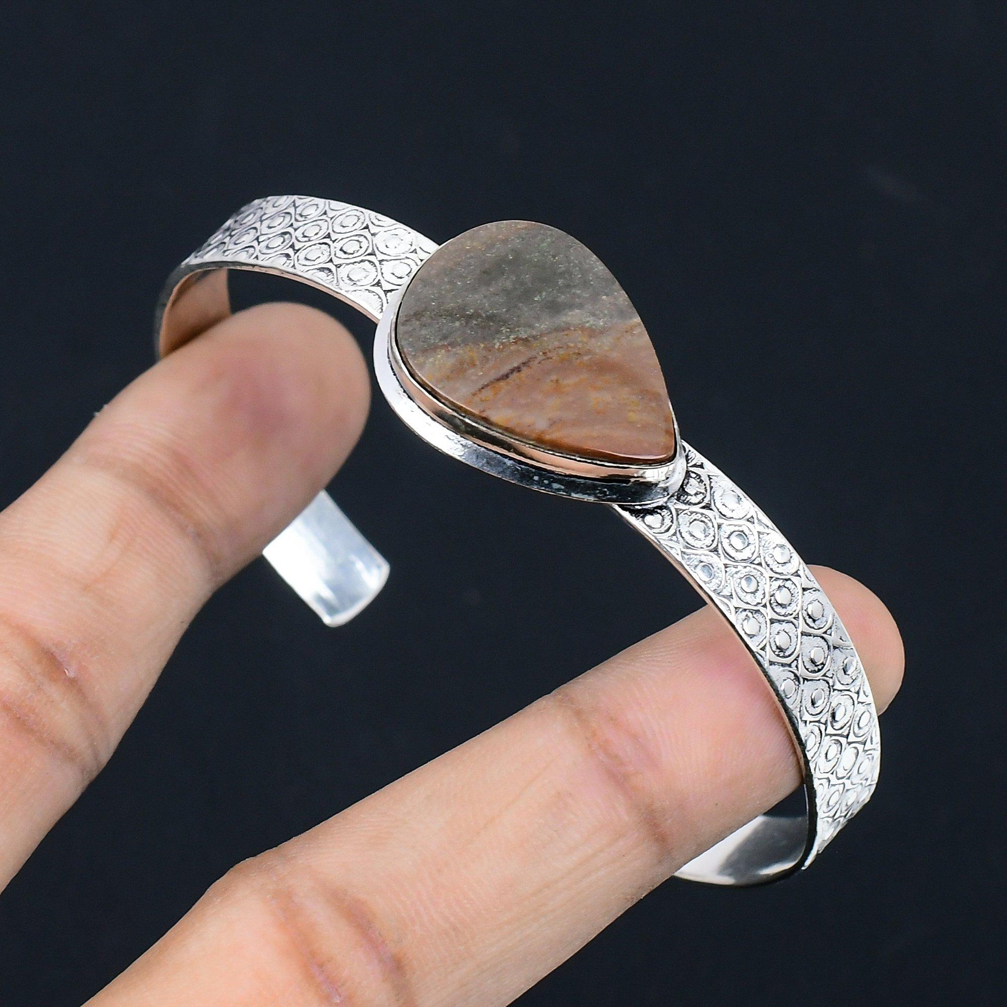 

Sterling Silver Natural Petrified Wood Jasper Birthday Wedding Bangle Bracelet Adjustable