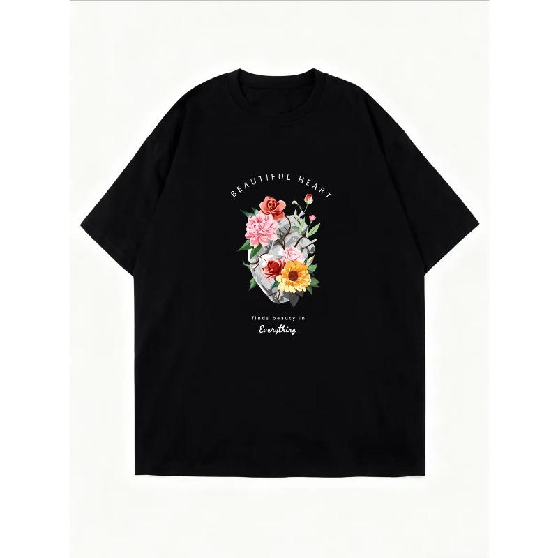 T-Shirt mit Blumendruck Weißes Rosen-Sonnenblumen- und Blätterdesign für Freizeitkleidung