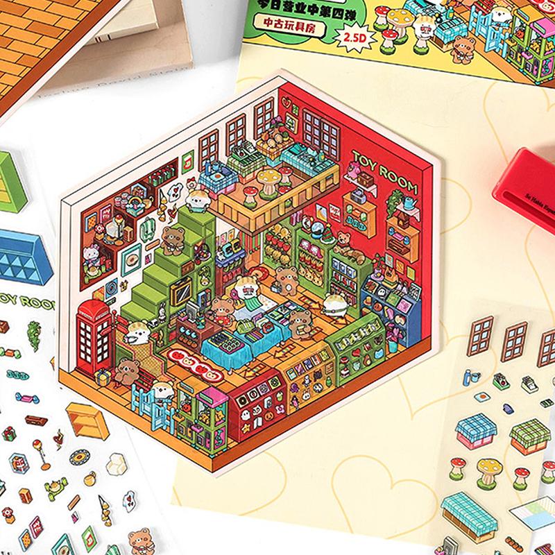 1Set Cartoon 3D Landscape Stickers Pocket Cabin Scene Stacking Pasting Stickers Diy Decoration Stickers Festival Birthday Gifts