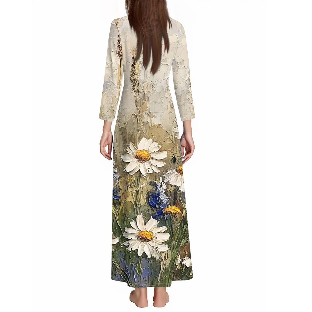 Damen Casual 3/4-Ärmel V-Ausschnitt Blumenmuster Maxi A-Linien Strandkleid