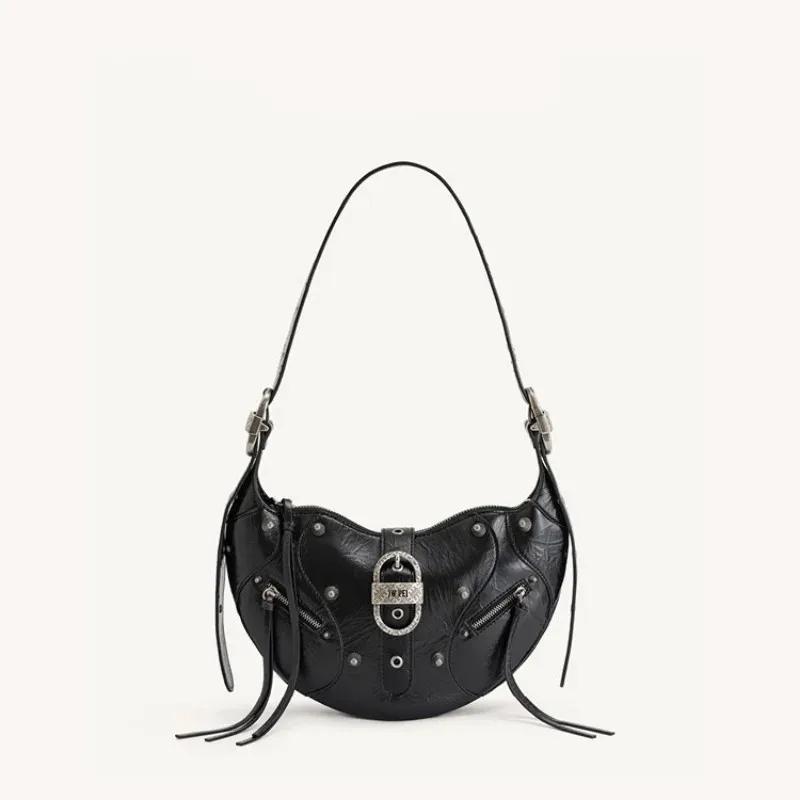 Ladies Elegant Large Capacity Oil Wax Leather Crossbody Bag Brand Design Rivet Motorcycle Trend Punk Style Fashion Shoulder Bag