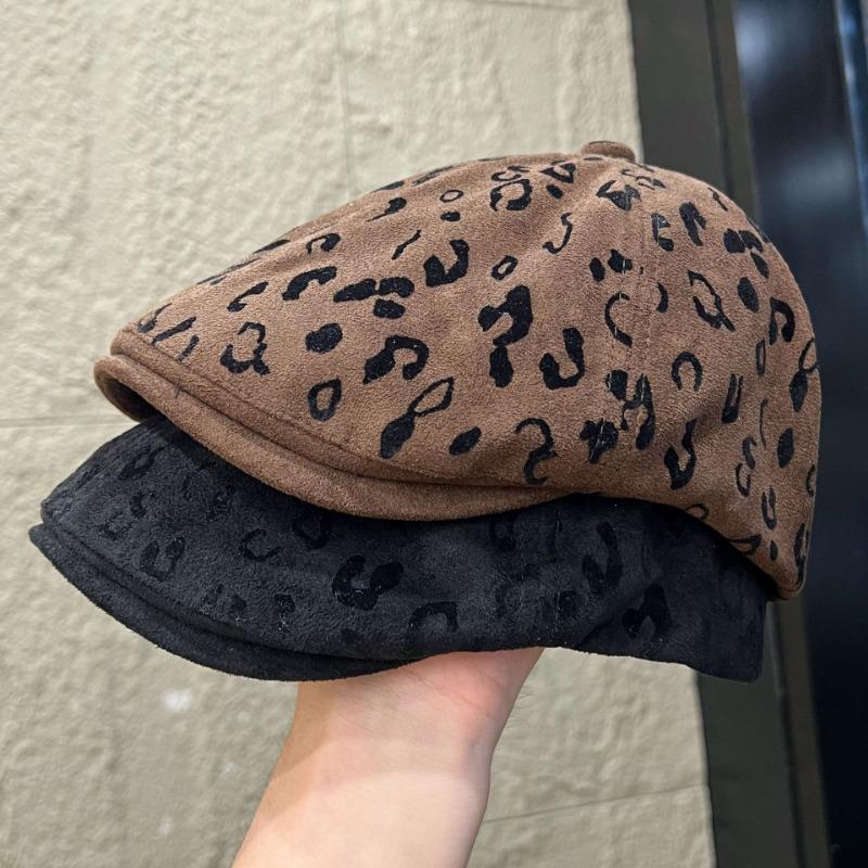 Women S Retro Leopard Print Suede Short Brim Cap Korean Style Casual Hat