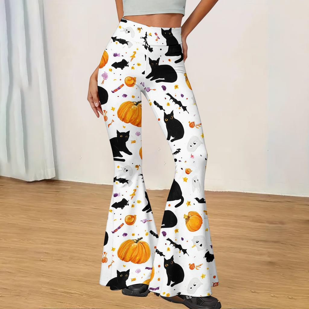 Women Casual Halloween Printed Flared Yoga Pants High Waist Stretchy Bootcut Leggings Comfortable Fit for Daily Wear