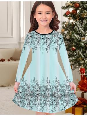 Girls' Autumn and Winter Fashion Dress, 3D Cute Print  Round Neck Long Children's T-shirt Dress, Casual Versatile, Christmas Clothing