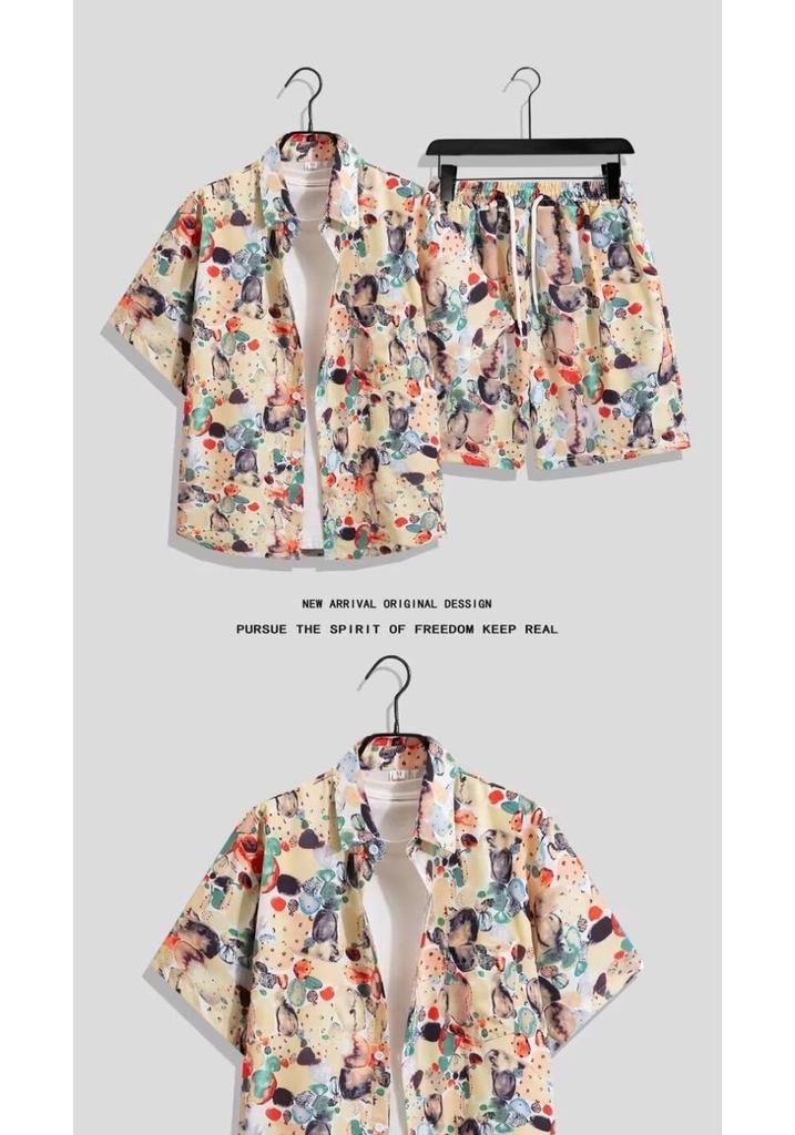 Men's Quick-Dry Floral Shirt and Shorts Couple Matching Beach Set