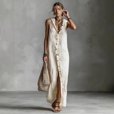 2026 New Women's Casual Loose Sleeveless Long Dress with Single-Breasted Buttons and Fashionable Hood